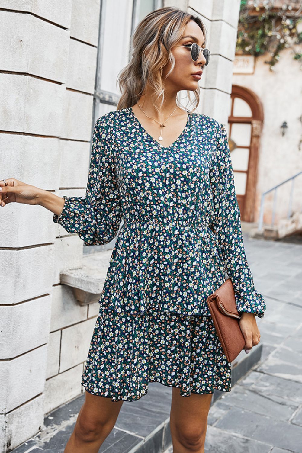 Floral V-Neck Layered Dress