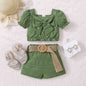 Kids Textured Bow Detail Top and Belted Shorts Set