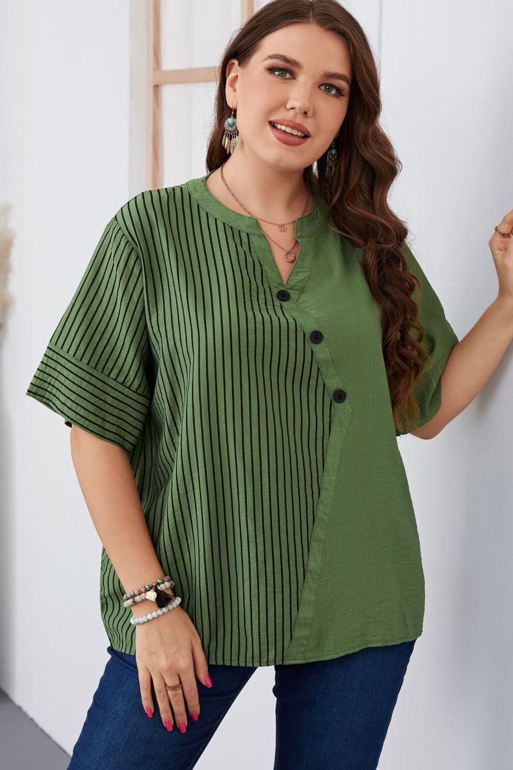 Plus Size Striped Notched Neck Half Sleeve Top