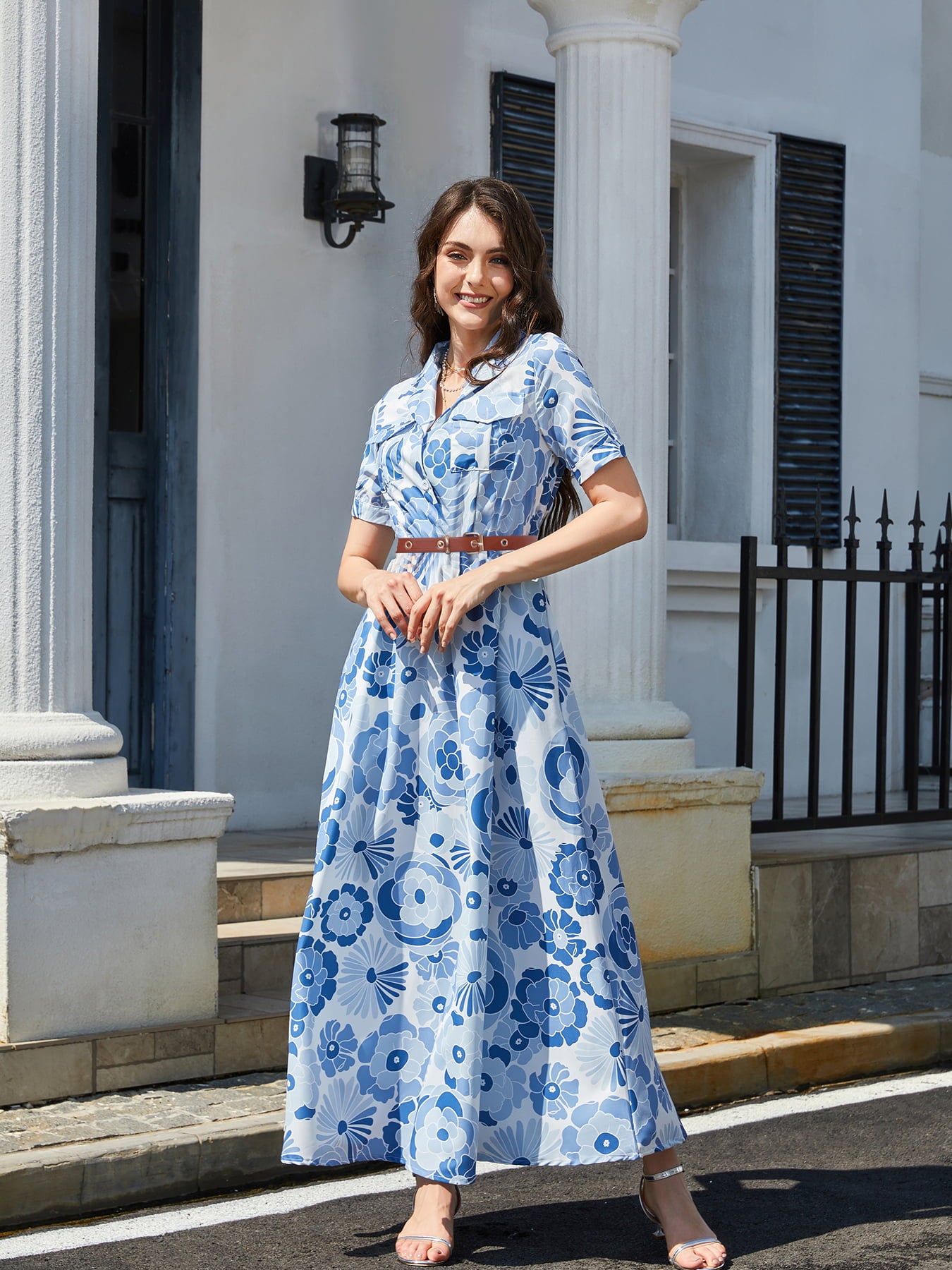 Floral Print Lapel Collar Short Sleeve Maxi Dress