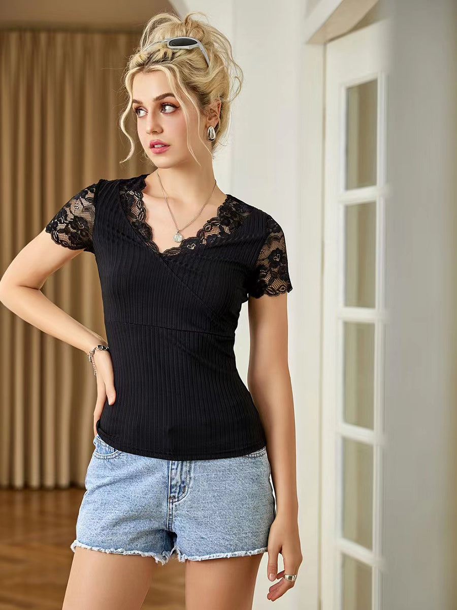 Spliced Lace Surplice Neck Top