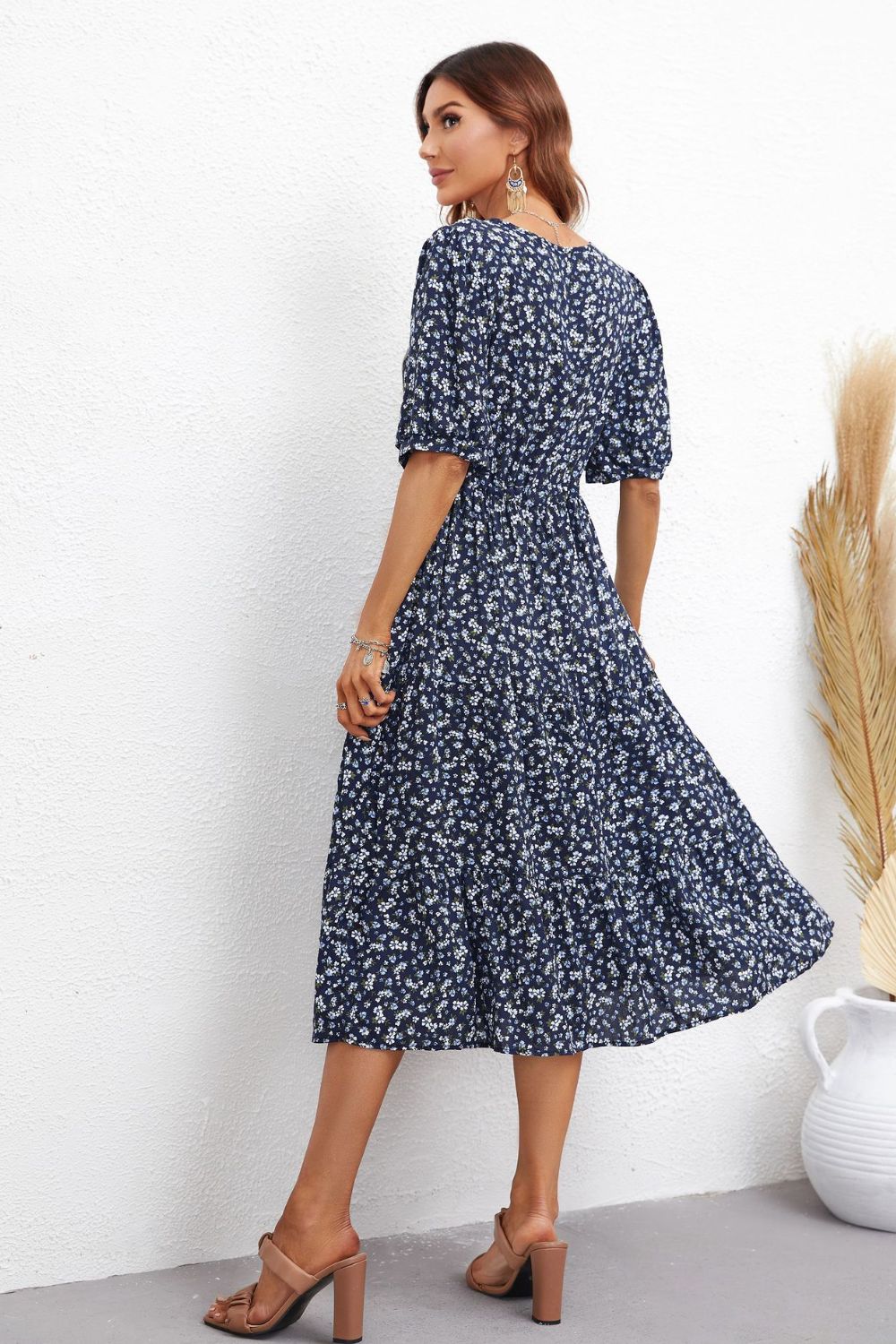 Floral Notched Neck Lace Trim Midi Dress