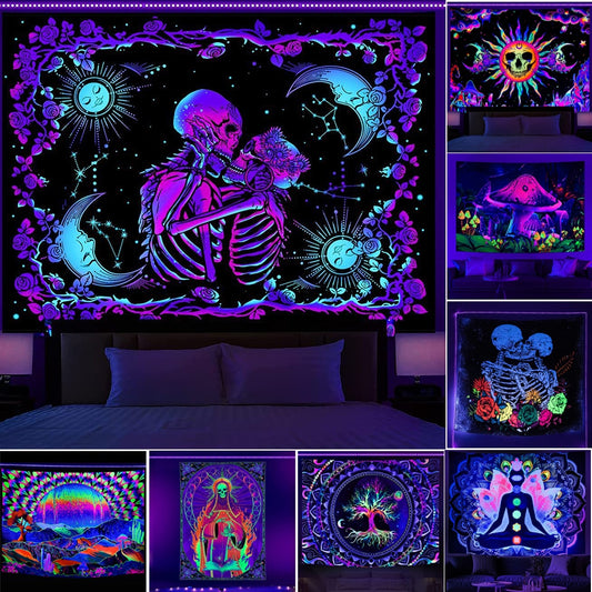 Black Light Tapestry Uv Reactive Psychedelic Skull Mushroom Wall Hanging Hippie Tapestry For Bedroom Home Decor Wall Decoration