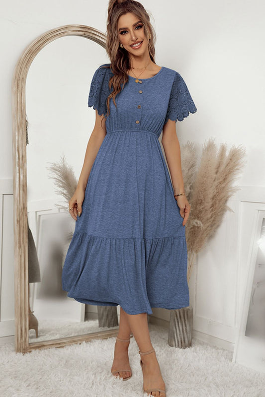 Decorative Button Round Neck Lace Sleeve Dress