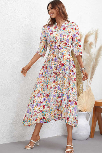 Floral Notched Neck Half Sleeve Dress