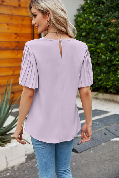 Pleated Flutter Sleeve Round Neck Blouse