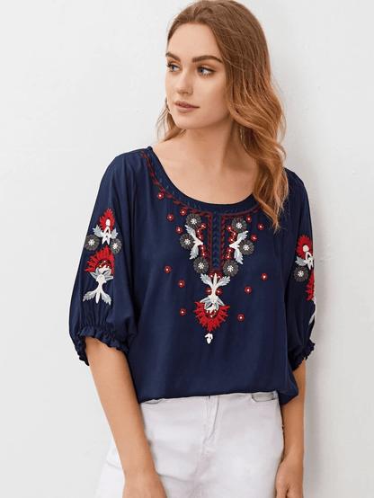 Embroidered Round Neck Flounce Sleeve Blouse