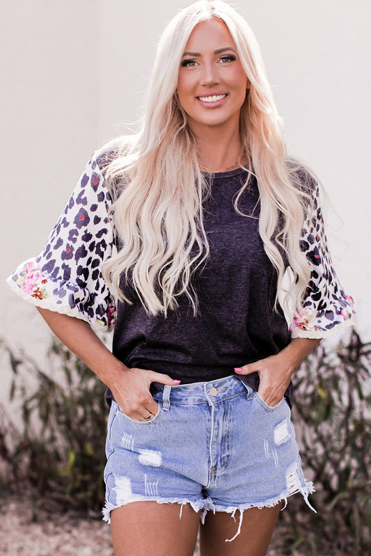 Leopard Flounce Sleeve Round Neck Top