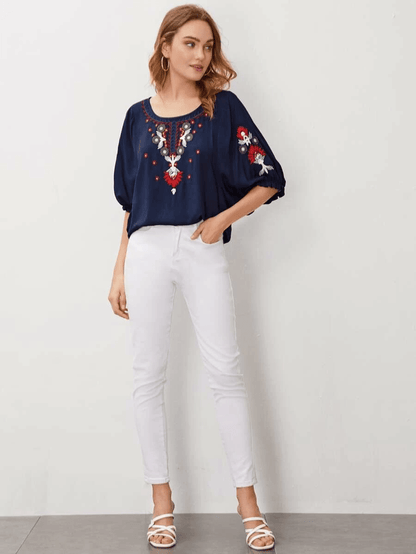 Embroidered Round Neck Flounce Sleeve Blouse