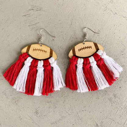 Fringe Detail Football Shape Wooden Dangle Earrings