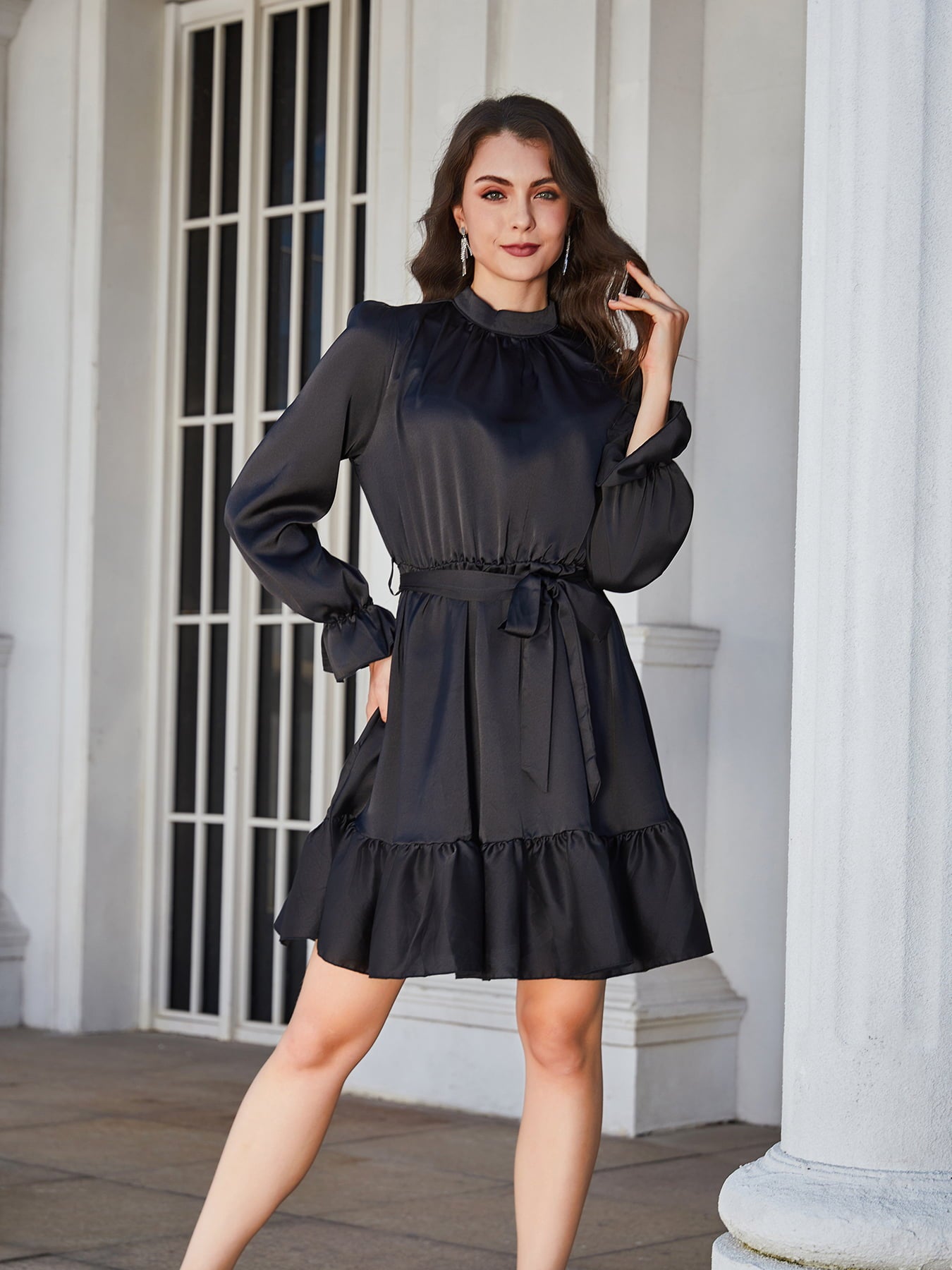 Ruffle Hem Tie Belt Mock Neck Knee Length Dress