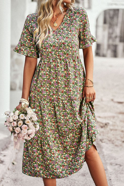 Floral V-Neck Flounce Sleeve Midi Dress