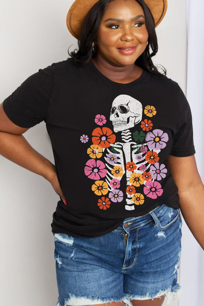 Simply Love Full Size Skeleton & Flower Graphic Cotton Tee