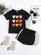 Kids Heart Print T-Shirt and Side Stripe Shorts Set