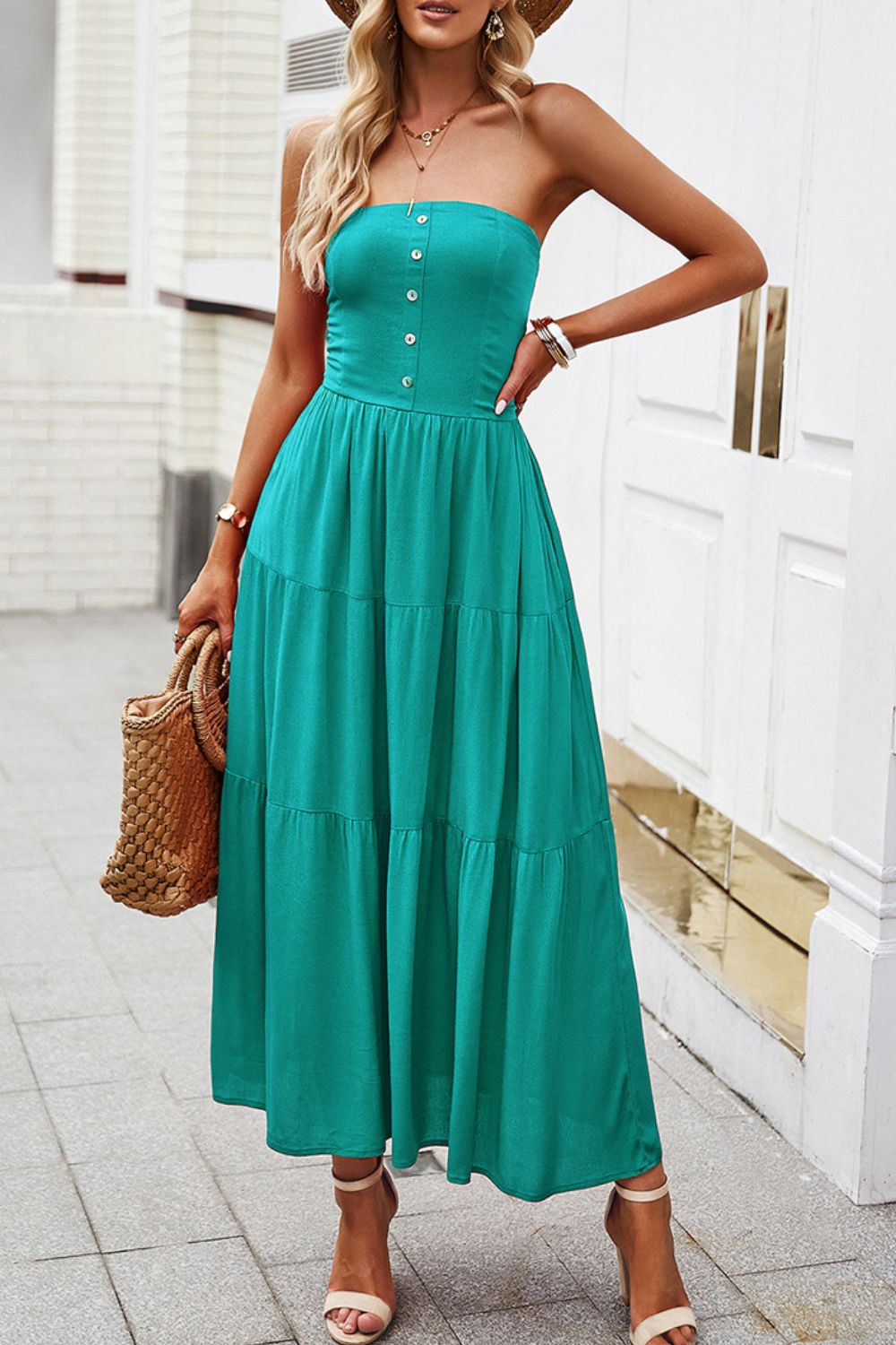 Strapless Buttoned Tiered Dress with Pockets