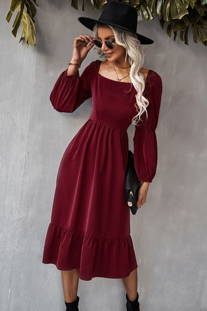 Square Neck Ruffle Hem Long Bubble Sleeve Midi Dress