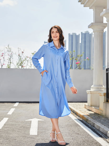 Long Sleeve Side Slit Midi Shirt Dresss