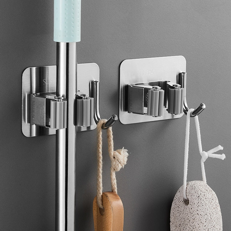 304 Stainless SteelWall Mounted Mop Broom Holder Adhesive Multi-Purpose Hooks Broom Hanger Kitchen Bathroom Accessorie Hook Rack