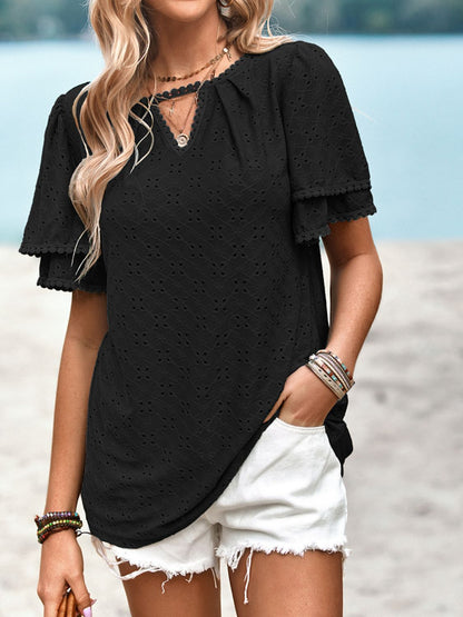 Eyelet Round Neck Puff Sleeve Blouse