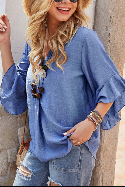 Notched Neck Flounce Sleeve Blouse