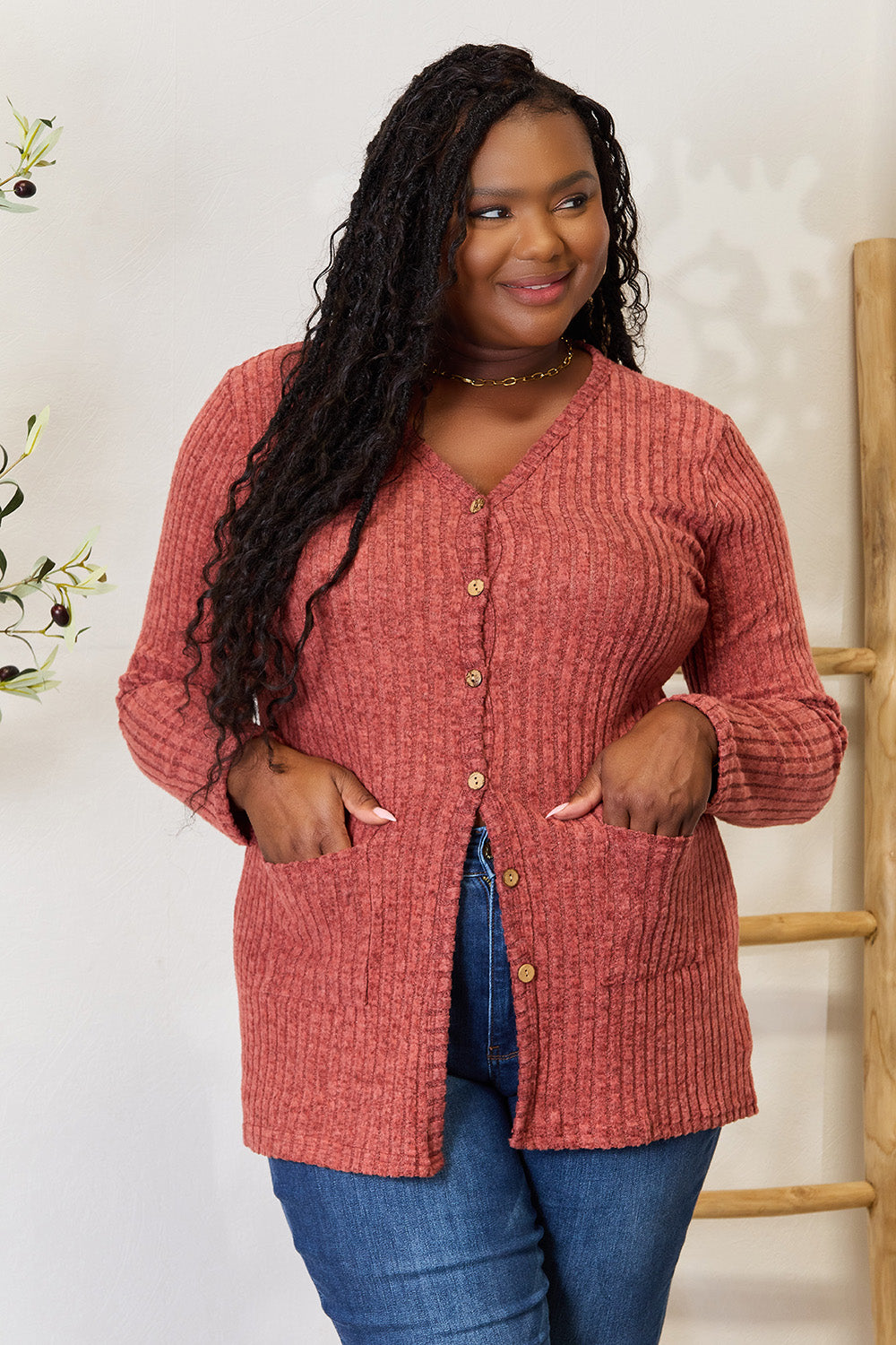 Double Take Ribbed Button-Up Cardigan with Pockets